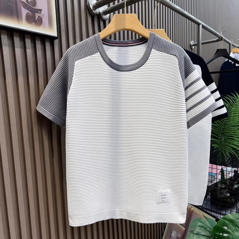 T-shirt de manga corta para hombres TB insertado rayas tricolores cuatro barras viejas líneas de hielo de verano fábrica transfronteriza al por mayor