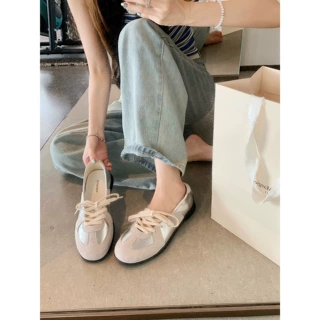 葡萄妈同款真皮德训鞋女增高4cm拼接圆头系带浅口芭蕾休闲运动鞋