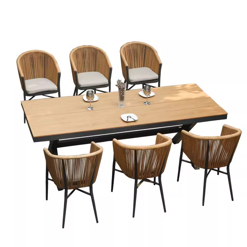 Mesa y silla de patio al aire libre, madera plástica, casa nórdica, patio al aire libre, jardín al aire libre, balcón, combinación de terraza de ocio