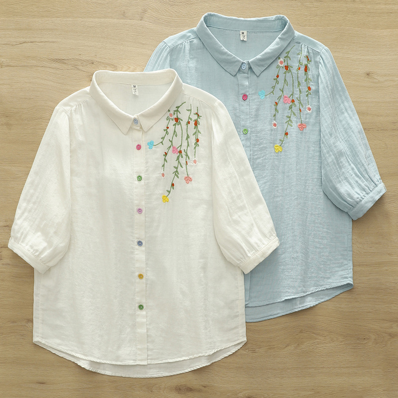 2025 Summer Korean Style New Style Shoulder Embroidered Wicker Loose Women's Cardigan Shirt Short-Sleeved Tops Wholesale 2025 Summer Korean Style New Style Shoulder Embroidered Wicker Loose Women's Cardigan Shirt Short-Sleeved Tops Wholesale