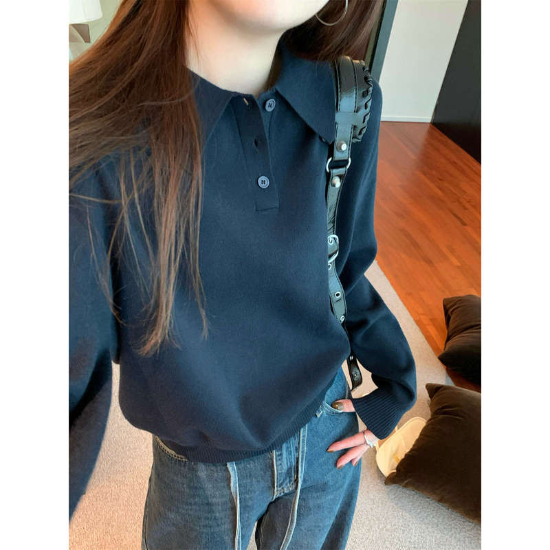 College Style Polo Collar Sweater, Right Shoulder Long-Sleeved Knitwear, Autum Niche Fashionable Elegant, Age-Reducing Bottoming Top for Women College Style Polo Collar Sweater, Right Shoulder Long-Sleeved Knitwear, Autum Niche Fashionable Elegant, Age-Reducing Bottoming Top for Women