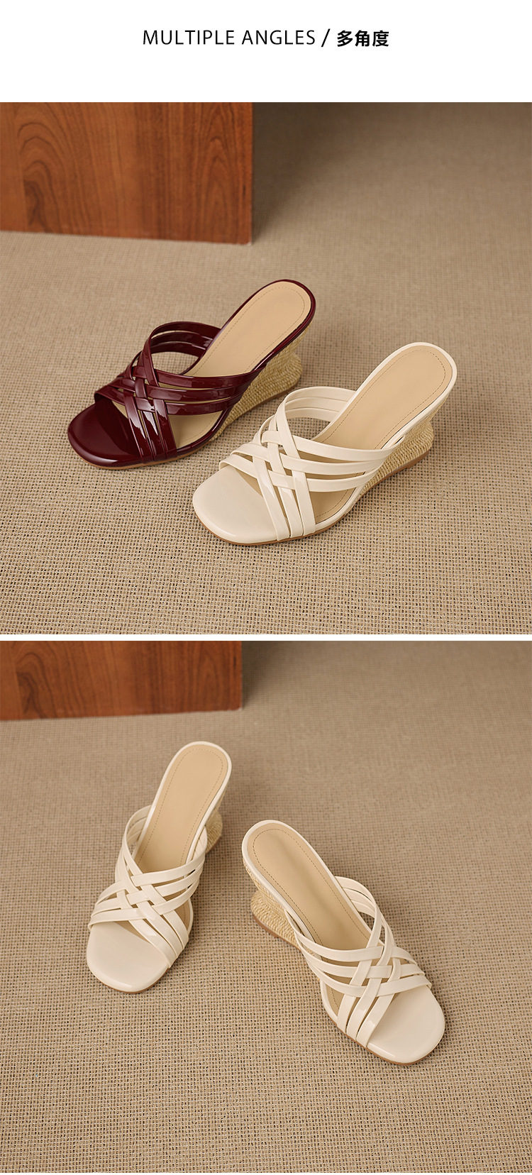 Dép sandal nữ quai chữ V mũi vuông hở ngón đế xuồng cao gót 5 cm — Rượu vang đỏ, màu trắng ngà chi tiết 12