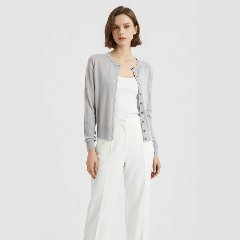 Yaqi Women's Tencel Silk Round Neck Knitted Cardigan Women's 2026 Spring Coat New Long-Sleeved French Top