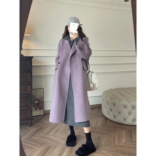 Hepburn style small mid-length woolen 2023 autumn and winter purple overcoat coat
