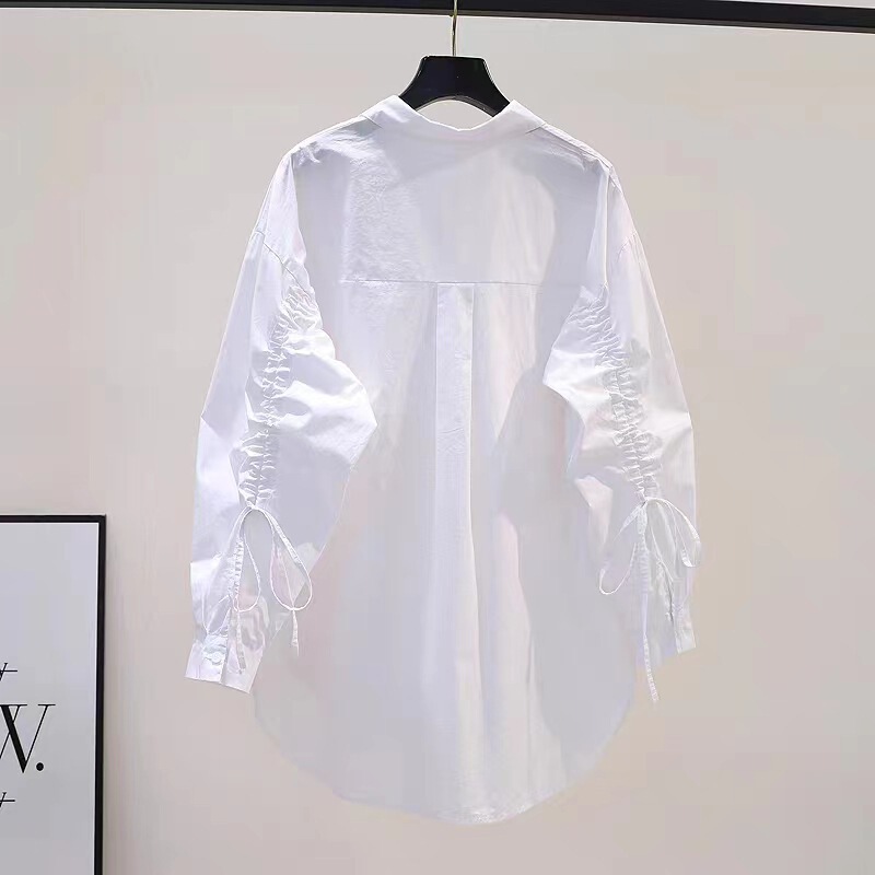 Drawstring Lace Long Sleeve White Shirt Women's 2023 Spring and Autumn New Design Sense Loose All-match Midi Shirt