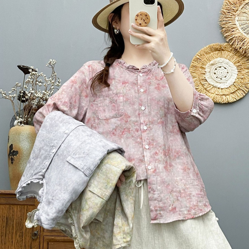 2026 Summer New Korean Style Graffiti Print Ruffled Collar Women's Cardigan Mid-Sleeve Shirt Wholesale