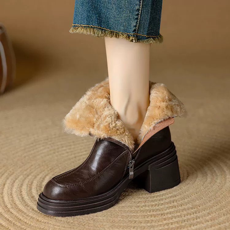 Кожаные меха снежные сапоги женские зимние коричневые толстые сапоги на высоком каблуке толстые подошвы толстые северо-восточные хлопчатобумажные туфли теплые сапоги Martin