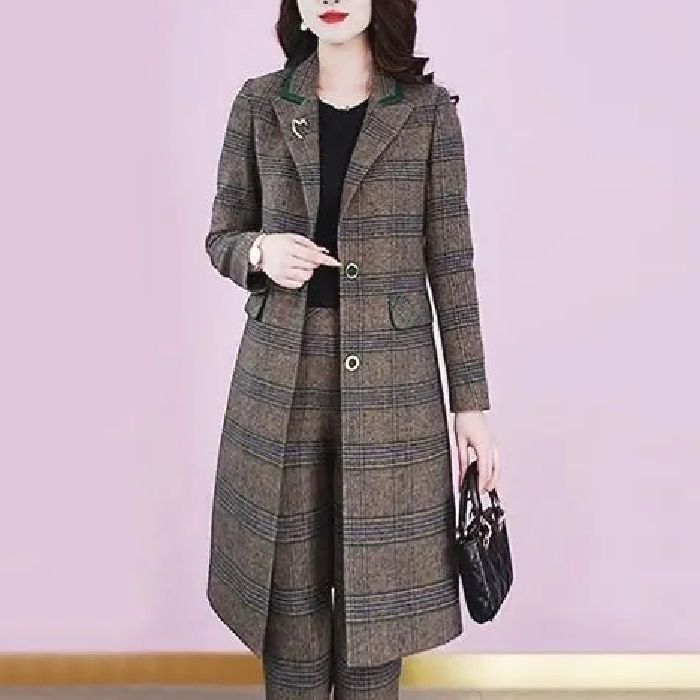 时尚格纹外套女2025秋冬新款格纹小西装气质毛呢子外套大衣潮|undefined