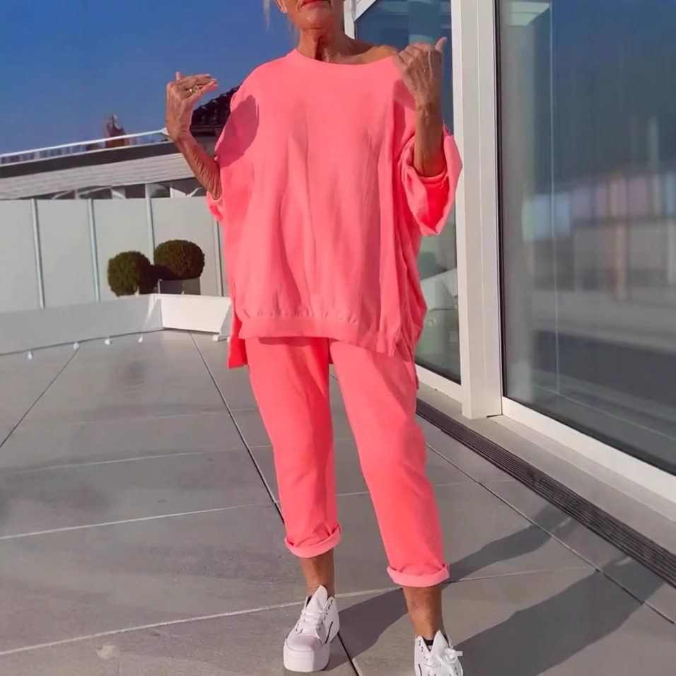 2025 European and American Cross-Border Autumn and Winter New Casual Pure Color Round Neck Long-Sleeved Tops and Sports Pants Two-Piece Women's Clothing