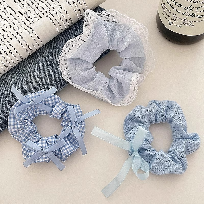 Azul pequeño arco fresco anillo de cabello intestino grueso encaje de encaje de cabello de cola de caballo de alto valor facial cuerda de cabeza de banda de goma