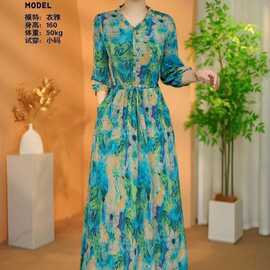 原版一件代发2026春季新款妈妈气质遮肉显瘦高腰中长袖系带连衣裙