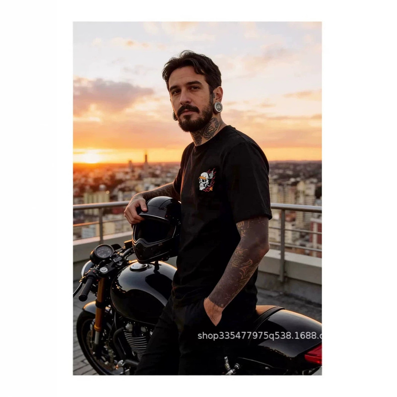 Cross-Border European and American Style Trendy Brand Motorcycle Flame Skull Design Cool Street Fashion Short-Sleeve T-Shirt Cross-Border European and American Style Trendy Brand Motorcycle Flame Skull Design Cool Street Fashion Short-Sleeve T-Shirt