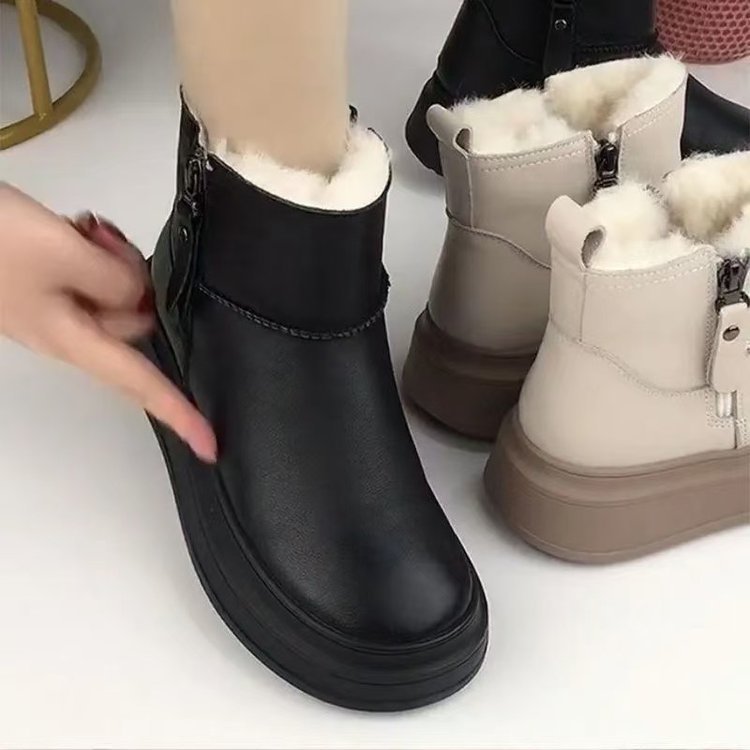 ShoeGlobe Thick-Soled Leather Waterproof Snow Boots For Women, Fleece-Lined, Thickened, Non-Slip, Warm, Height-Increasing Cotton_voghion.com