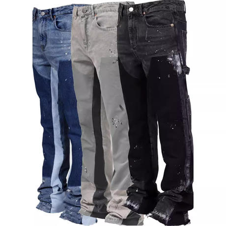 2025 Men's Denim Overalls European and American Fashion Ins Workwear Popular Stretch Patch Denim Layered Flared Pants