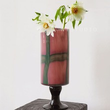 新中式高脚拼色直筒玻璃花瓶法式中古艺术高级感水养花器客厅摆件