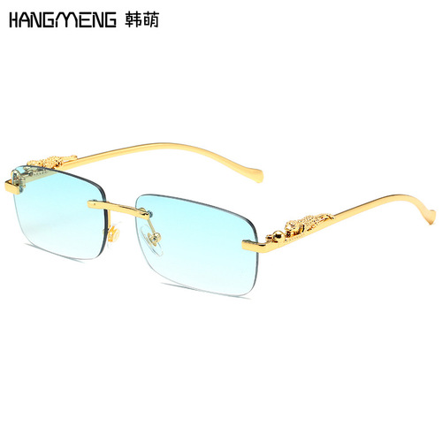  New Fashionable Men's and Women's Frameless Sunglasses Retro Square Metal Cheetah Sunglasses Manufacturer Wholesale Cross-Border