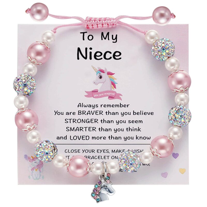Amazon Handmade Unicorn Pendant Bracelet with Colored Diamonds, Clay, Diamond Balls, Pink Pearl Beaded Bracelet