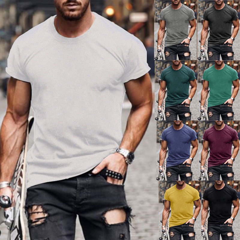 Men's Solid Color Round Neck Short-Sleeved T-Shirt, Cross-Border European and American Style, Slim Fit Basic Model, Factory Ready Stock, Can Be Printed