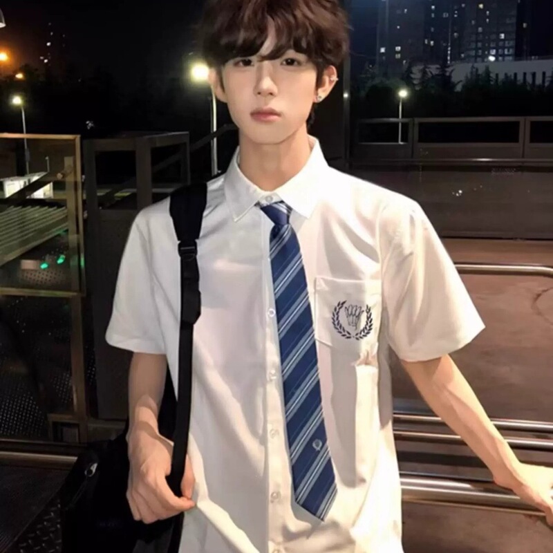 College-style white short-sleeve shirt for men, summer ice silk cool embroidered dk uniform shirt, youthful style outerwear