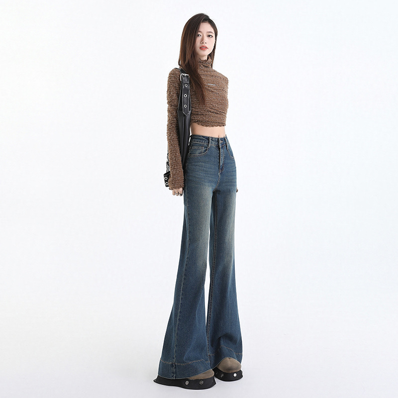 Spring and Autumn Slimless Jeans Women's High-Waist Loose Slim-Fit Slimming American Style Retro Blue Long Bell Pants