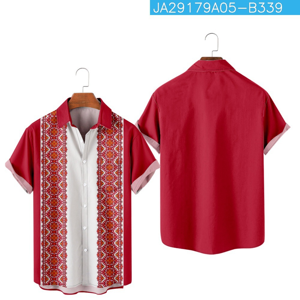 2023 nuevo verano transfronterizo rayado floral 3D Impresión digital manga corta moda solapa camisa de bolsillo de los hombres