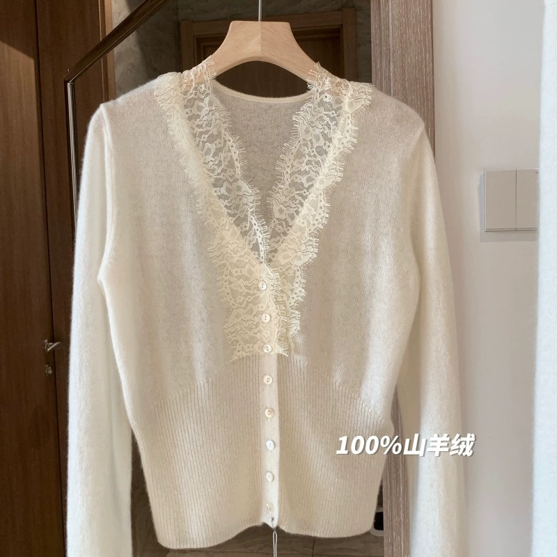 Кашемировая lace вязанный базовый кардиган, свитер изящный к телу