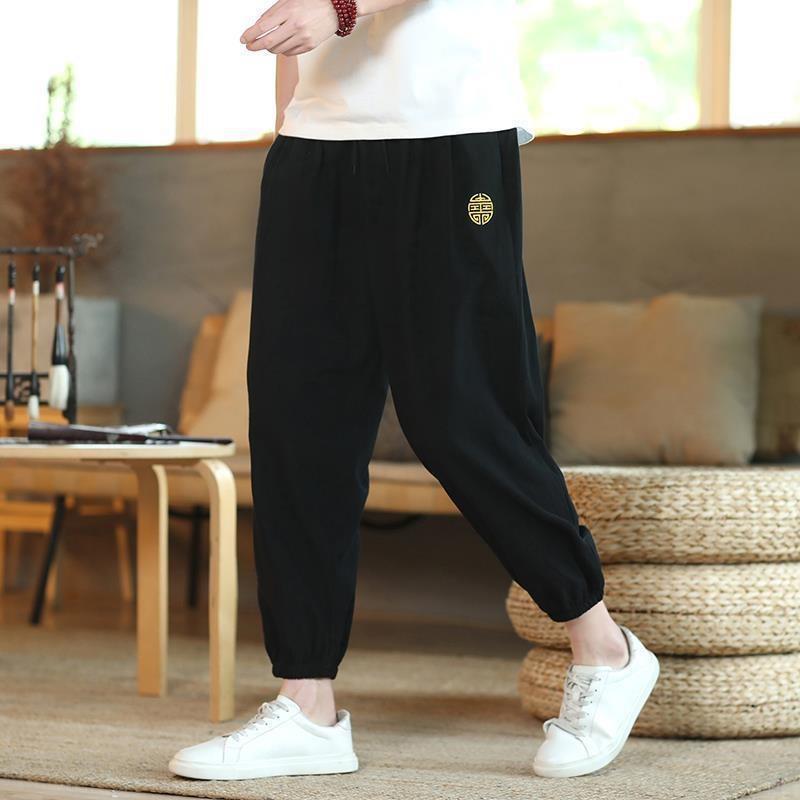 Pantalones cortos de estilo chino para hombres, pantalones casuales de lino para hombres, pantalones sueltos de algodón y lino, pantalones delgados de verano, primavera y otoño para hombres