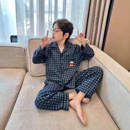 男童春秋格子睡衣长袖开衫翻领卡通大童家居服套装2026新款跨境批