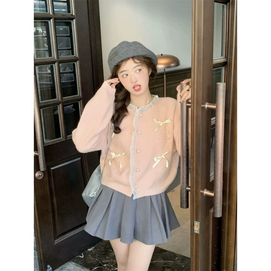 Нежный нежный ветер розовый вязаный кардиган, чтобы носить новый французский бант, сшитый свободный короткий пиджак