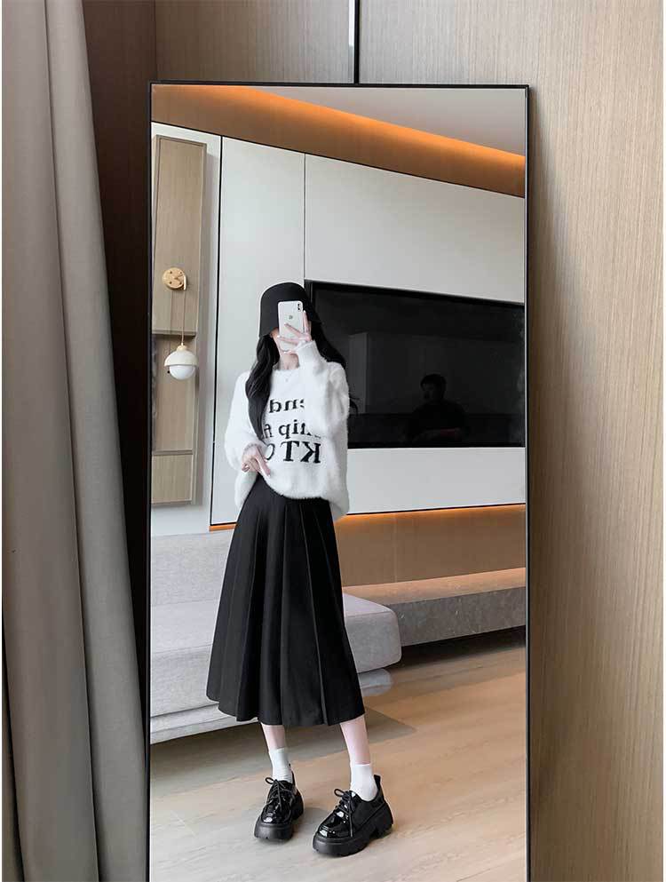 2023 outono/inverno nova saia plissada espessada com elástico e cintura alta emagrecimento e ajuste solto temperamento saia de comprimento médio_voghion.com