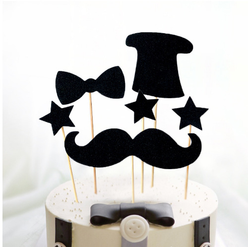 男神生日蛋糕插牌黑色胡子父亲节甜品装饰 礼帽领结五角星插件
