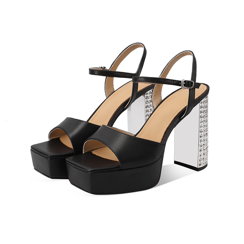 Sandal cao gót nữ đế platform da thật đính đá quai ngang khóa chữ T — đen