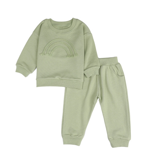 Autumn/Winter New Cross-border Instagram Children's Clothing Set: Long-sleeved Plain Cotton Rope Decorated Top + Pockets Long Pants