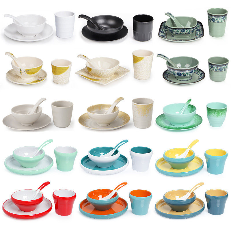 Melamine hot pot restaurant tableware four-piece set hotel hotel imitation porcelain high-end tableware plastic bowl and plate combination set wholesale 