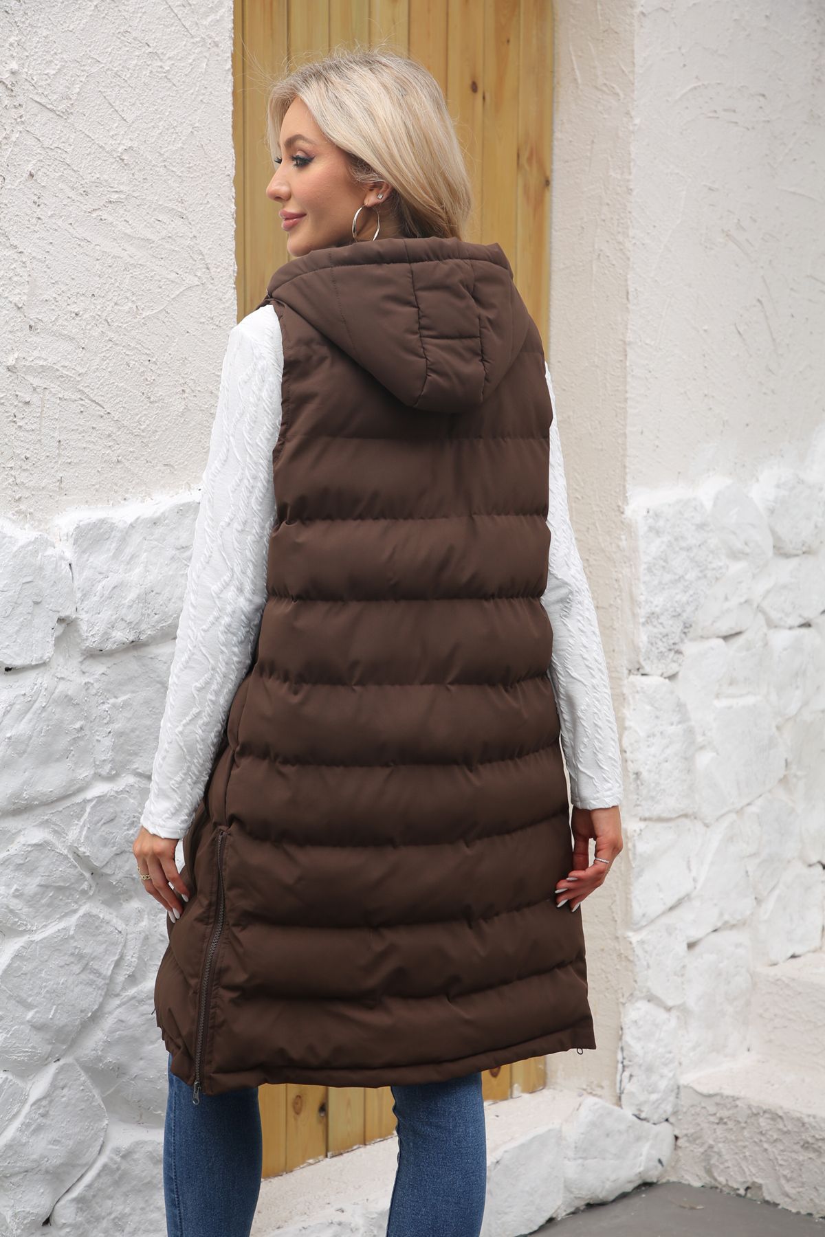 Women's Long Sleeveless Hooded Vest With Zip Front, Quilted Padded Jacket For Winter, Casual Outerwear In Solid Colors_voghion.com