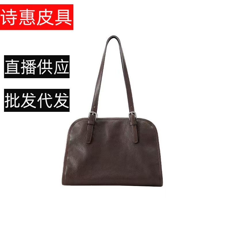 Qiu Zhen Yuanbao Bowling Bag Vegetable-Tanned Top Grain Cowhide Handbag & Crossbody Bag Retro Genuine Leather Large Capacity Commuter Bag For Women
