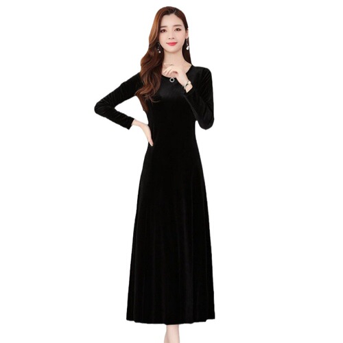 Plus-size velvet knee-length dress for autumn and winter, loose dress for middle-aged moms, basic dress long