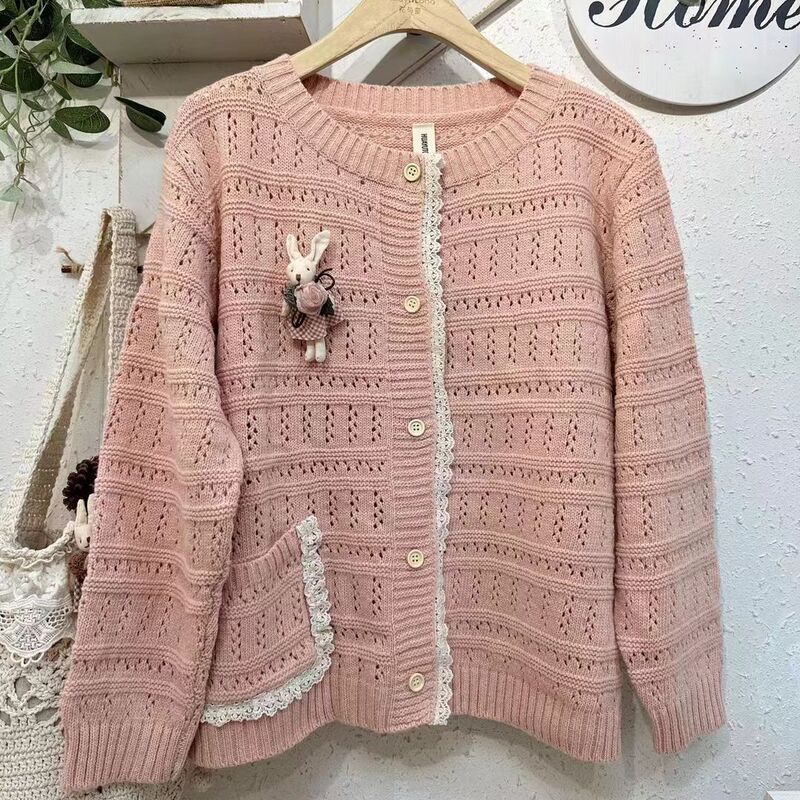 16098 cream creamy-white girl hollow knitted sweater cardigan Mori lace stitching younger coat 16098 cream creamy-white girl hollow knitted sweater cardigan Mori lace stitching younger coat