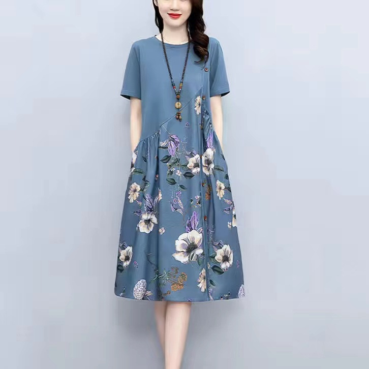 Dress for Women 2025 Summer New Style Retro Printed Fat mm Covering the Flesh and Slimming Look Loose Casual A-Line Skirt
