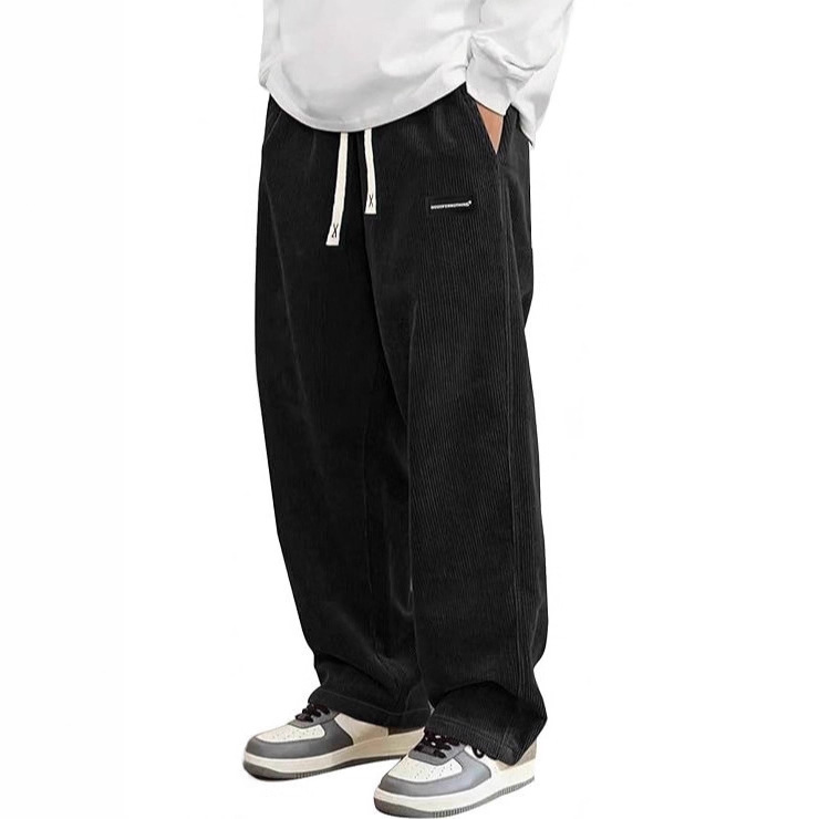 Aliexpress European and American Men's Corduroy Casual Pants Fashion Loose Wide-Leg Pants with Drawstring Waist Straight-Leg Sweatpants