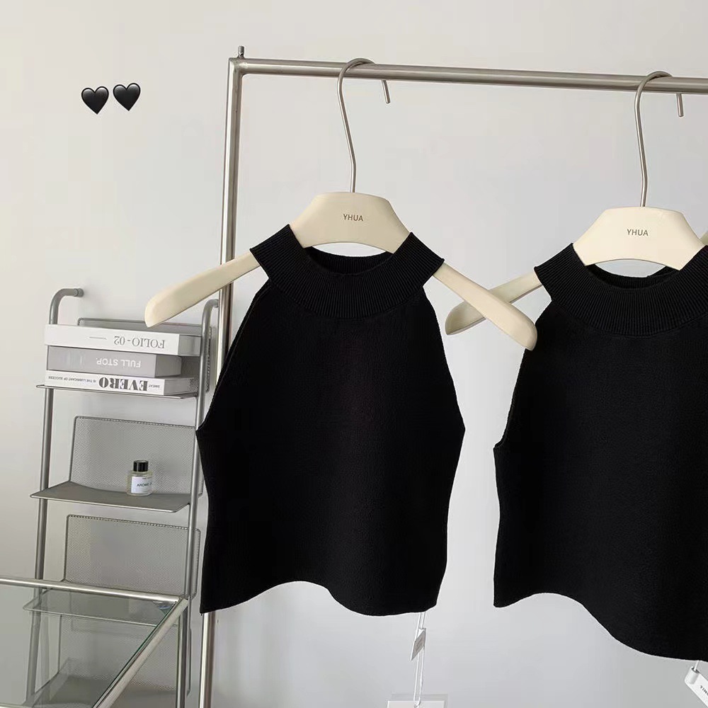 Verano de las niñas nuevo Chaleco Corto Negro estilo coreano slim fit Halter de los niños medianos y grandes color sólido a juego moda