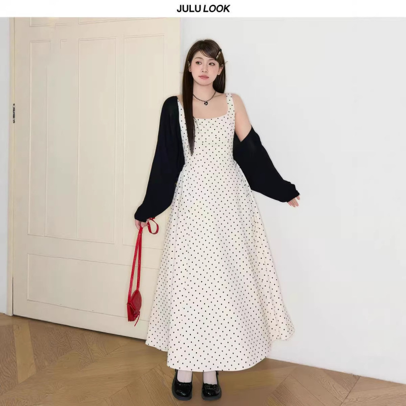 Plus Size Women's Polka Dot Suspender Dress, Summer French Style First Love Waist-Cinching Dress, Sun Protection Cardigan Two-Piece Set