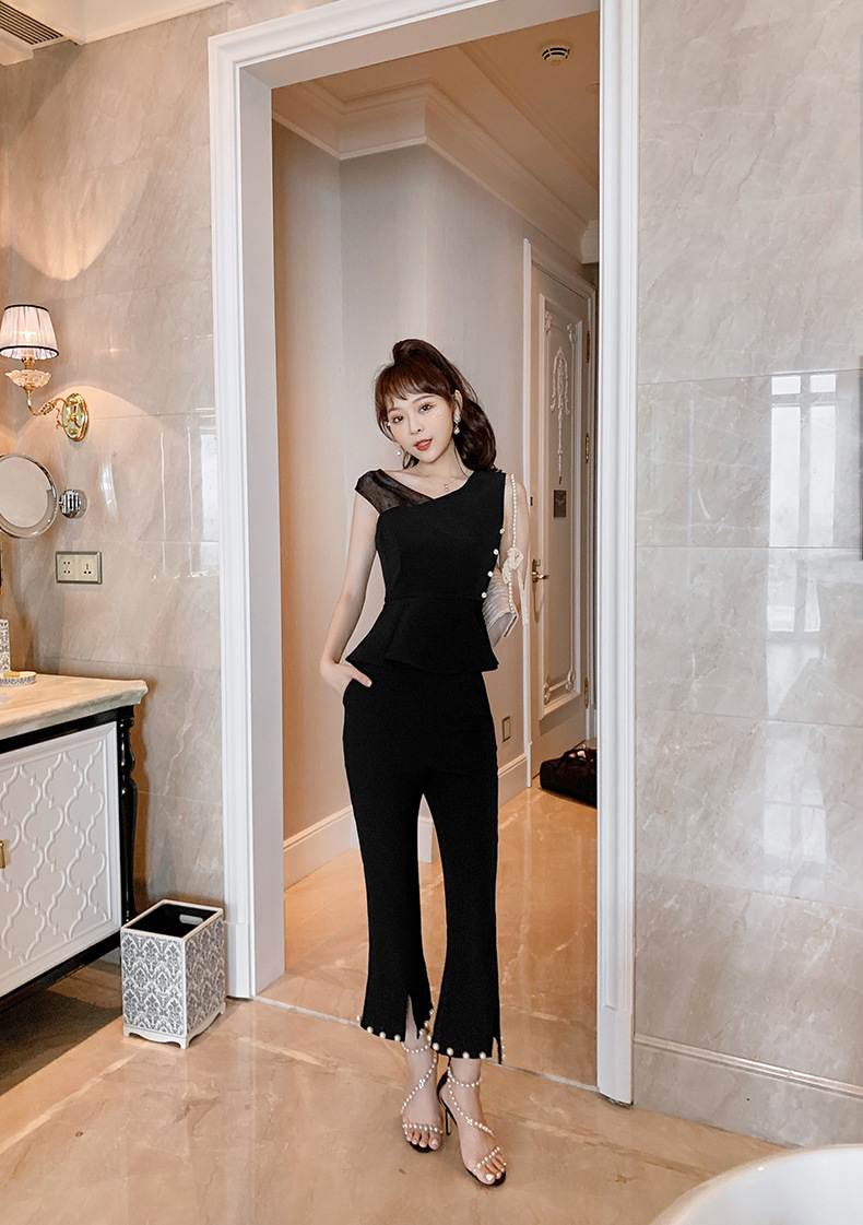 Bộ vest nữ công sở hè áo bèo nhún quần ống loe hai mảnh — Màu đen chi tiết 22