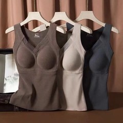 石墨烯保暖背心女发热V领蕾丝背心免带文胸女士一体杯打底衫上衣