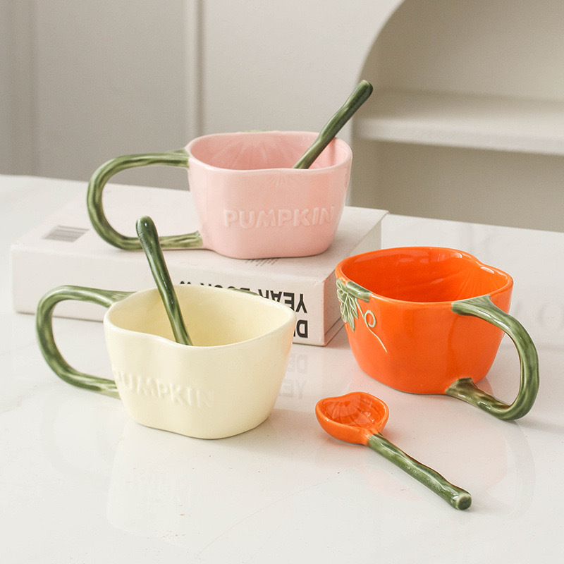 ins风高颜值奶fufu色彩陶瓷杯南瓜造型大耳杯家用办公水杯咖啡杯
