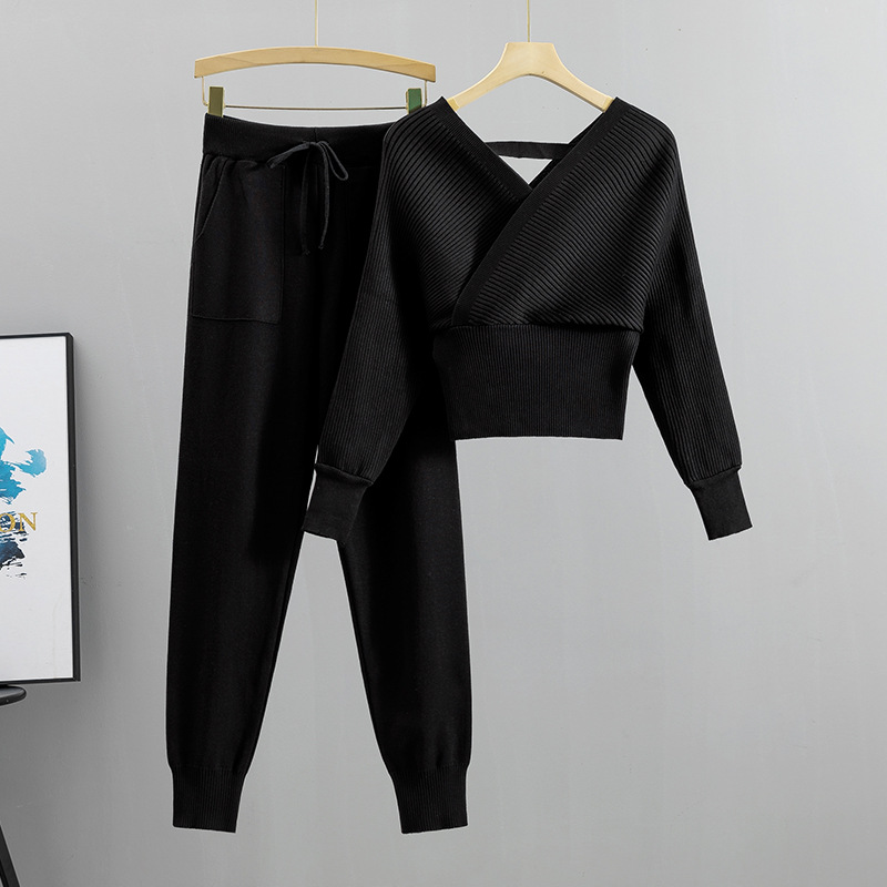 Ensemble deux pièces en tricot pour femme, col en V, sexy, sans bretelles, tendance, automne_voghion.com