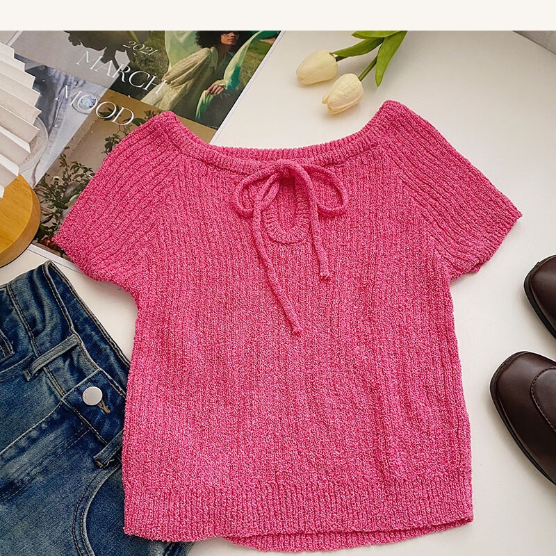 Sweet Solid Color Puff Sleeve Knit Top for Women, Summer 2026 New Korean Style Slim Fit Short Black Top