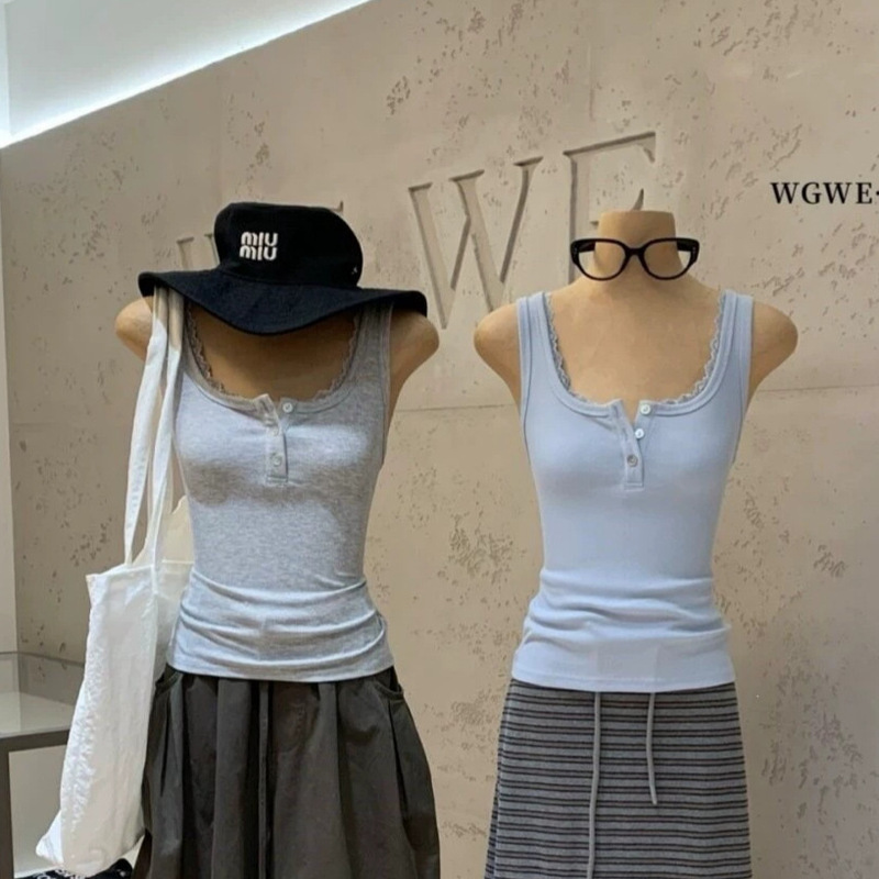 Wgwe Summer Simple and Versatile Slim-Fit Lace Collar Patchwork Workwear Sleeveless Camisole for Women W9368