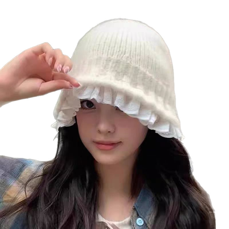 蕾丝花边盆帽针织渔夫帽女秋冬韩系水桶帽显脸小毛线帽大头围帽子|undefined