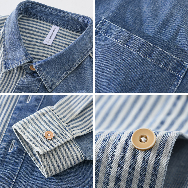 Herenkleding Denim Shirt Heren Lente en Herfst Casual Mode Tops Losse Verticale Strepen Splicing Lange Mouw Shirt_voghion.com